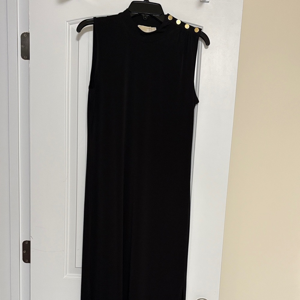 Michael Kors Sleeveless Black Midi Dress with Gold Button Detail size Medium